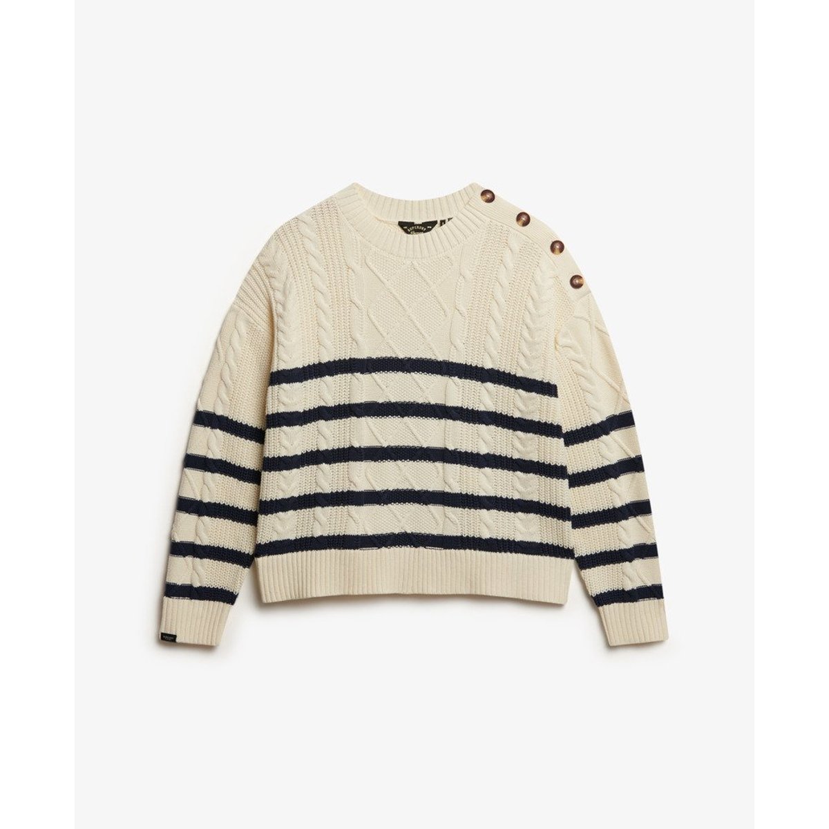 Pull torsadé à col rond rayures bleu marine profond et blanc cassé, SUPERDRY