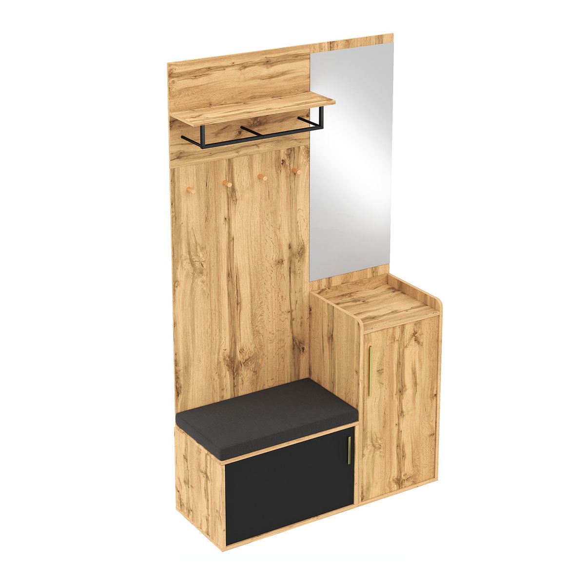 Vestiaire d'entrée avec miroir banc et rangement, PORTER-H hêtre, MEUBLES COSY
