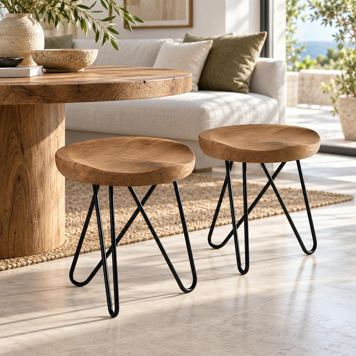 Tabouret en teck massif avec 3 pieds en épingle métal noir D40xH43cm TOWN bois naturel, PIER IMPORT