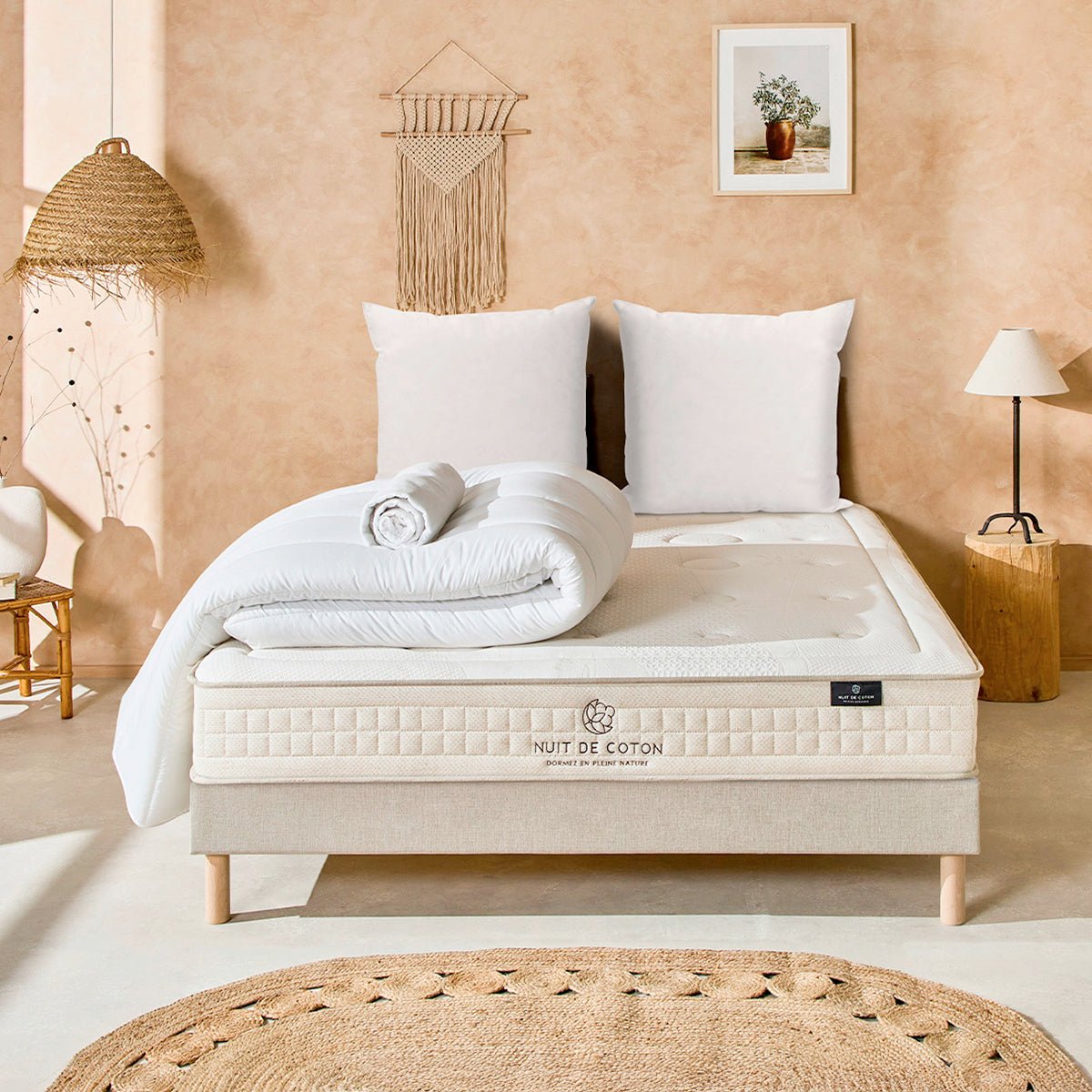 Pack Prélude 2.0 140x200 cm Matelas Latex 100% Naturel + Sommier Bois + Accessoires beige, BELLECOUR