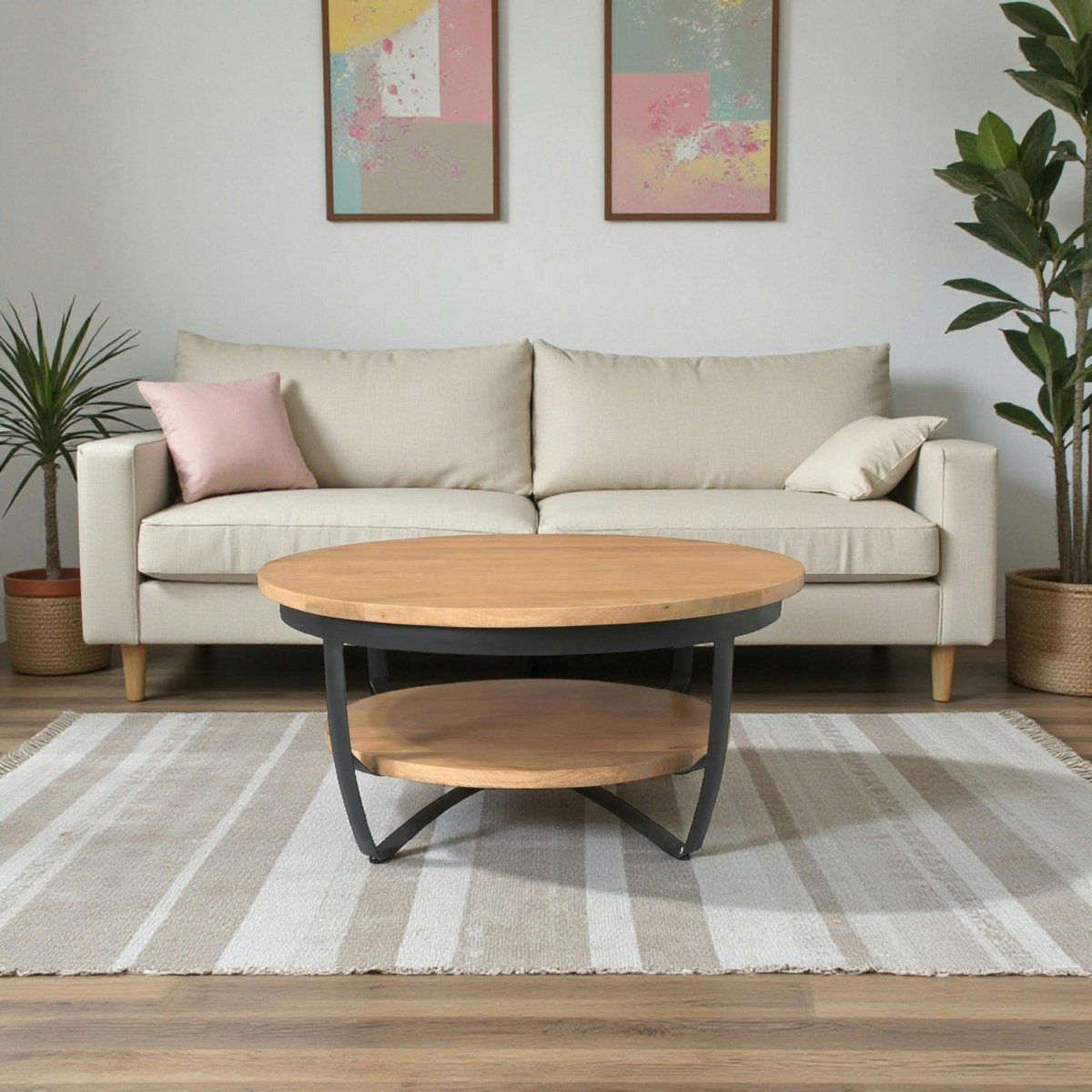 Table basse ronde bois / métal 90 cm OMAHA bois clair, PIER IMPORT