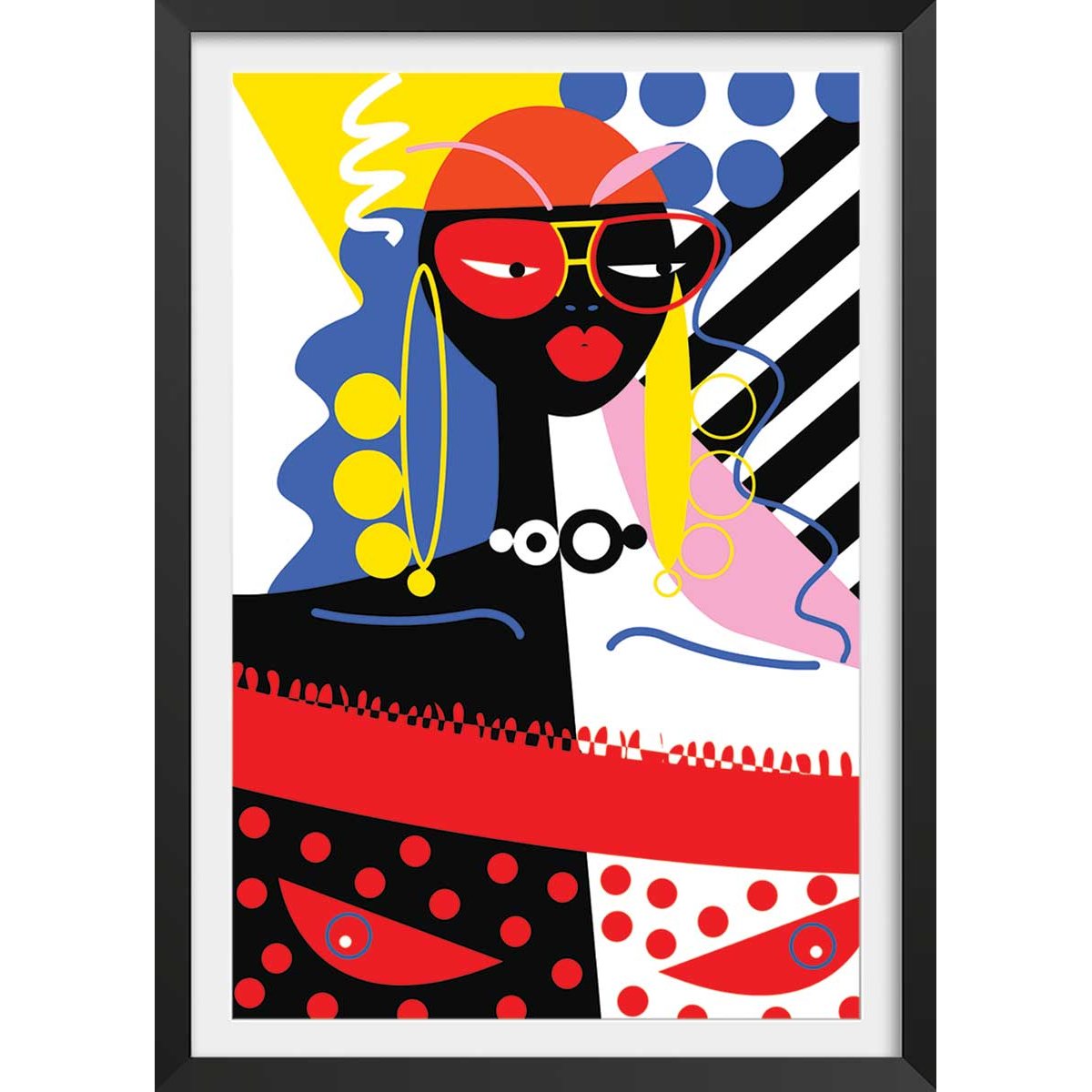 Affiche collage la femme aux lunettes affiche + cadre en bois - noir, HEXOA