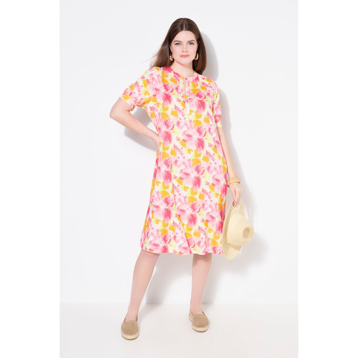 Robe-tunique en lin mélangé. Manches courtes blanc neige, ULLA POPKEN