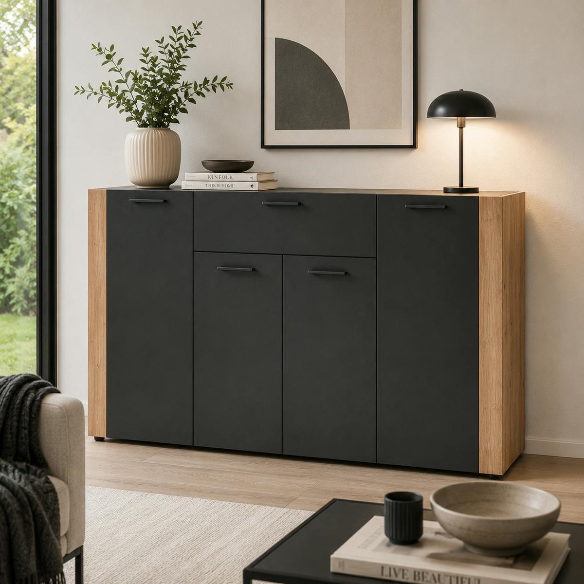 Buffet salle à manger gris foncé 4 portes 1 tiroir ALVA bois naturel, PIER IMPORT