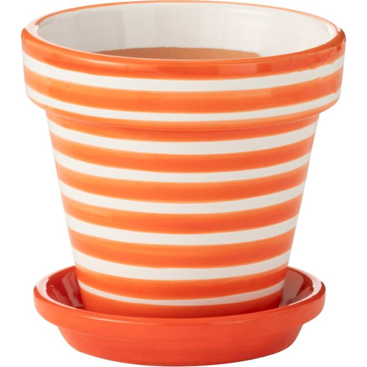Cache-pot rayé en poterie peinte à la main orange et blanc, RECOLLECTION