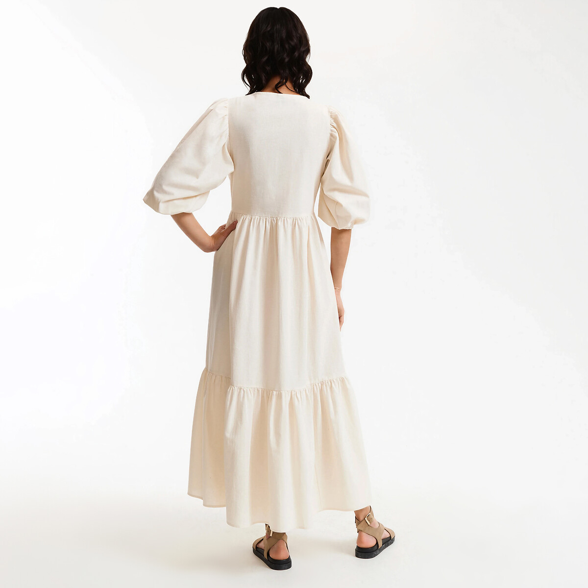 Robe longue col V manches brodées ivoire brodé, LA REDOUTE COLLECTIONS