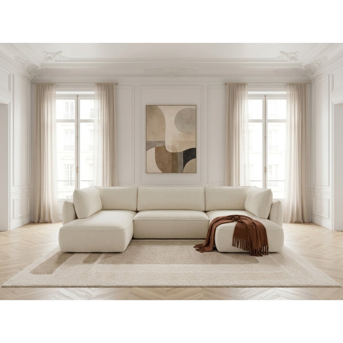 Canapé d'angle convertible 5 places en tissu chenille, ESMEE blanc, BOBOCHIC