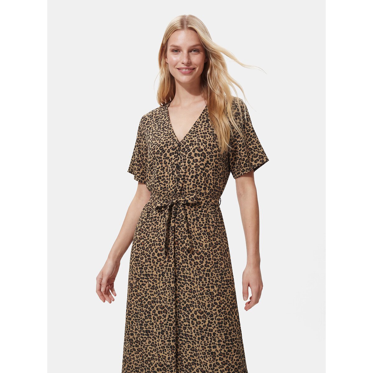 Robe imprimée, manches courtes, ceinturée imprimé léopard, PIECES