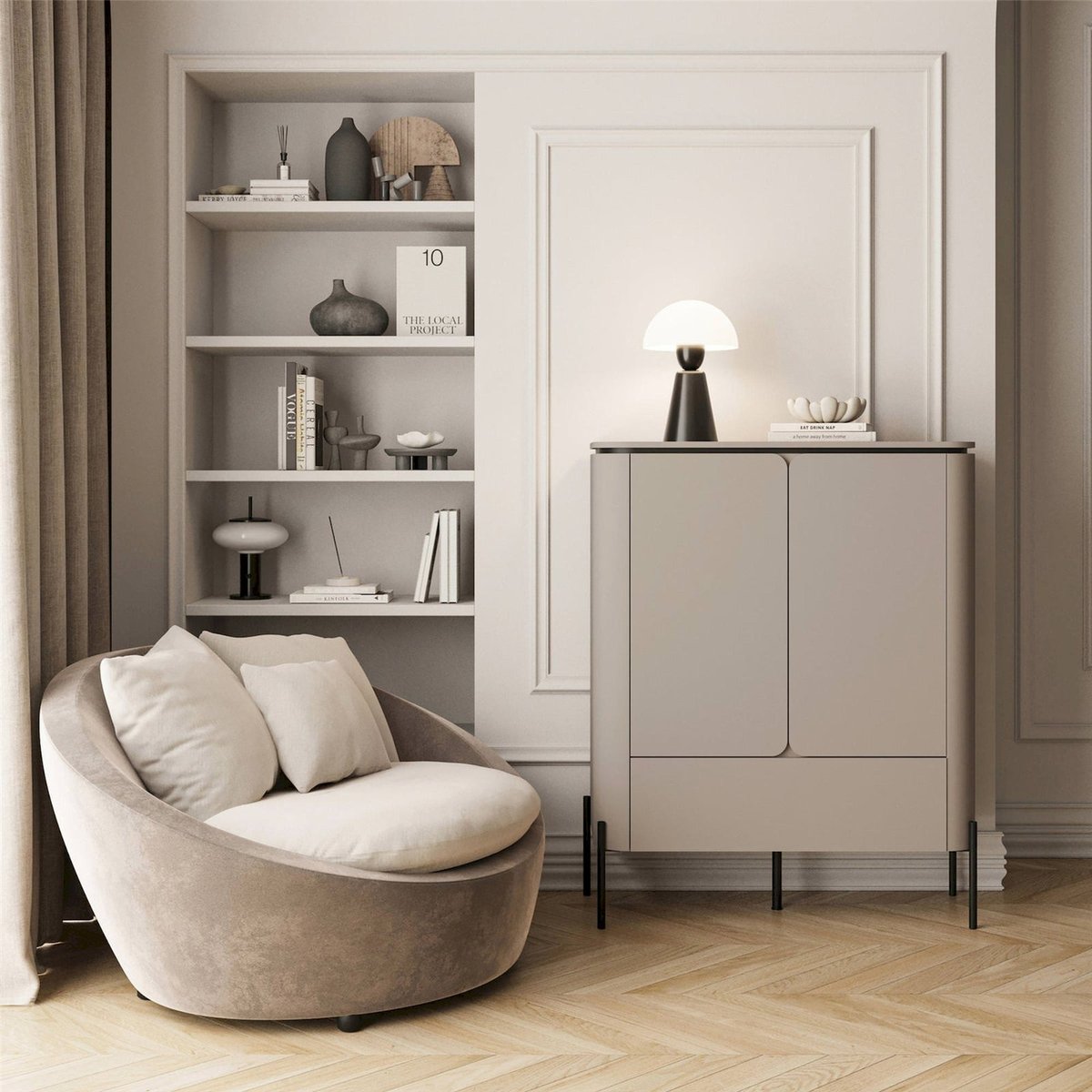 Commode haute CALDERIS à portes arrondies beige congo et noir, RECOLLECTION
