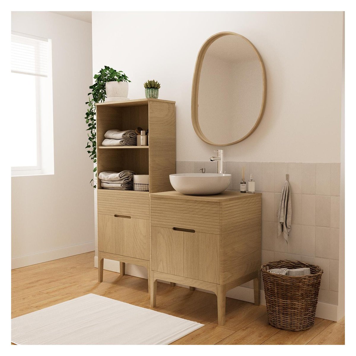 Meuble simple+vasque+rob+miroir+col ALASKA chêne, MOB IN