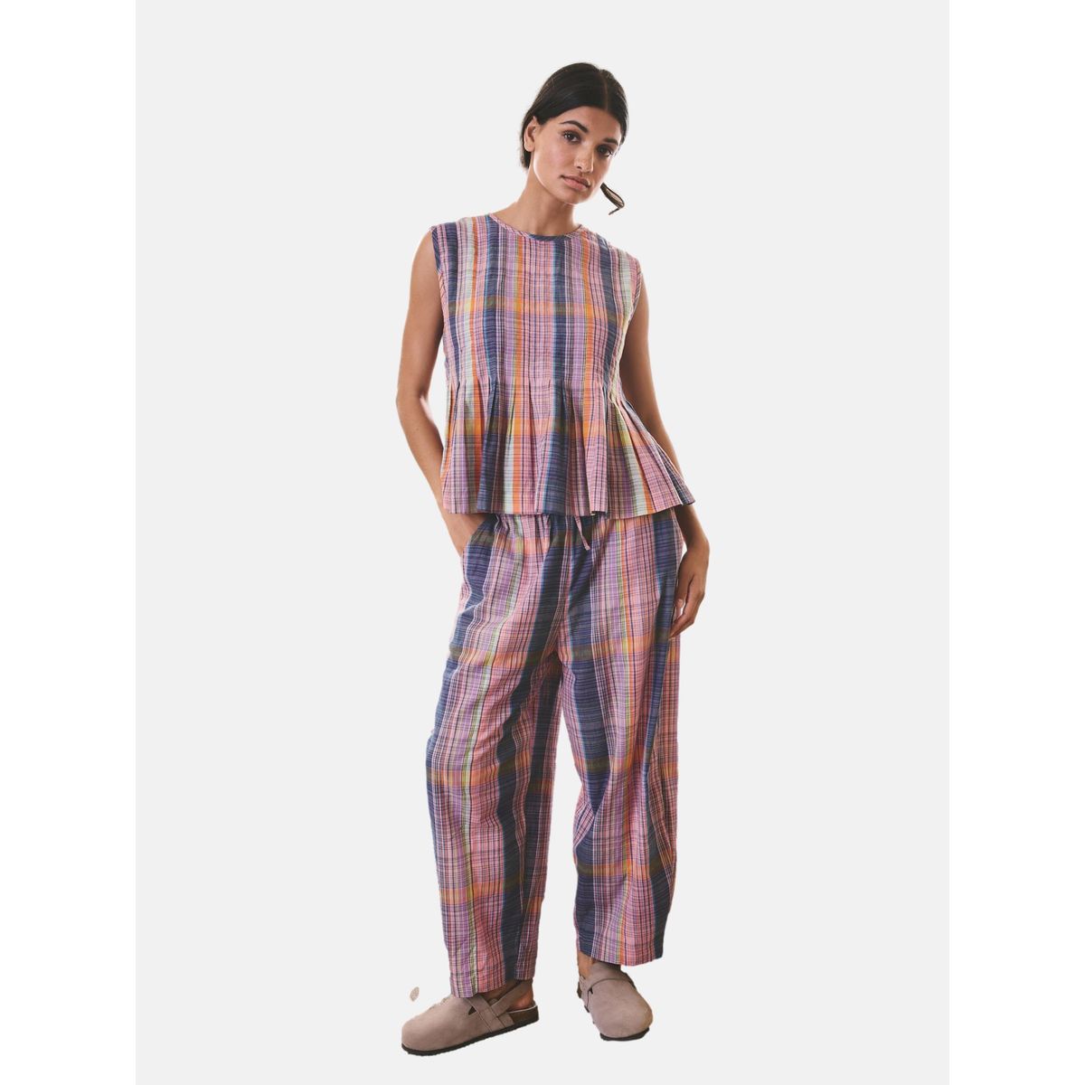 Pyjama débardeur à basque rose à carreaux, NEXT
