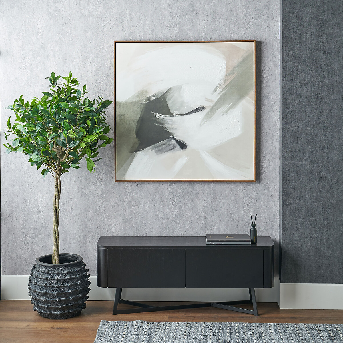 100x100cm Monochrome Abstract Square Canvas with Oak Effect Frame natural, SO'HOME