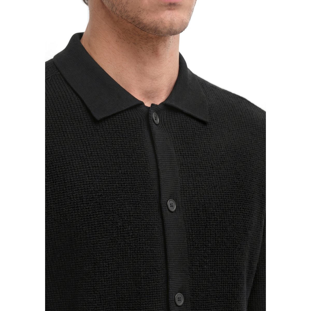 Cardigan polo coupe classique en laine mérinos fine noir, MARC O'POLO
