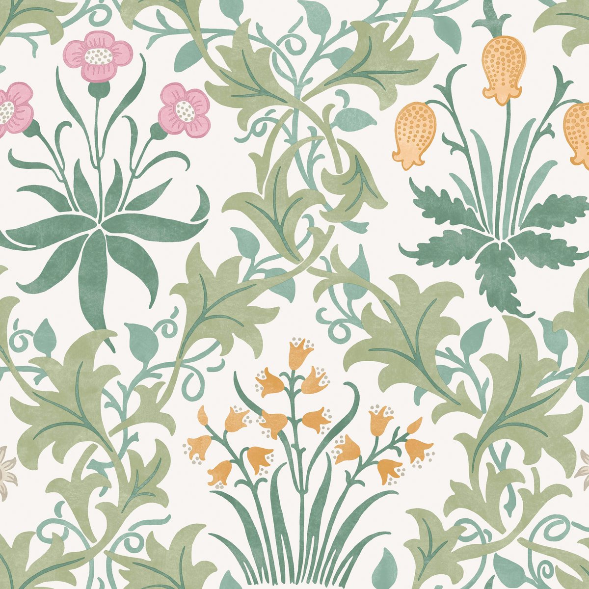 Papier peint fleuri Celandine Spring Garden vert, rose, jaune, WILLIAM MORRIS AT HOME