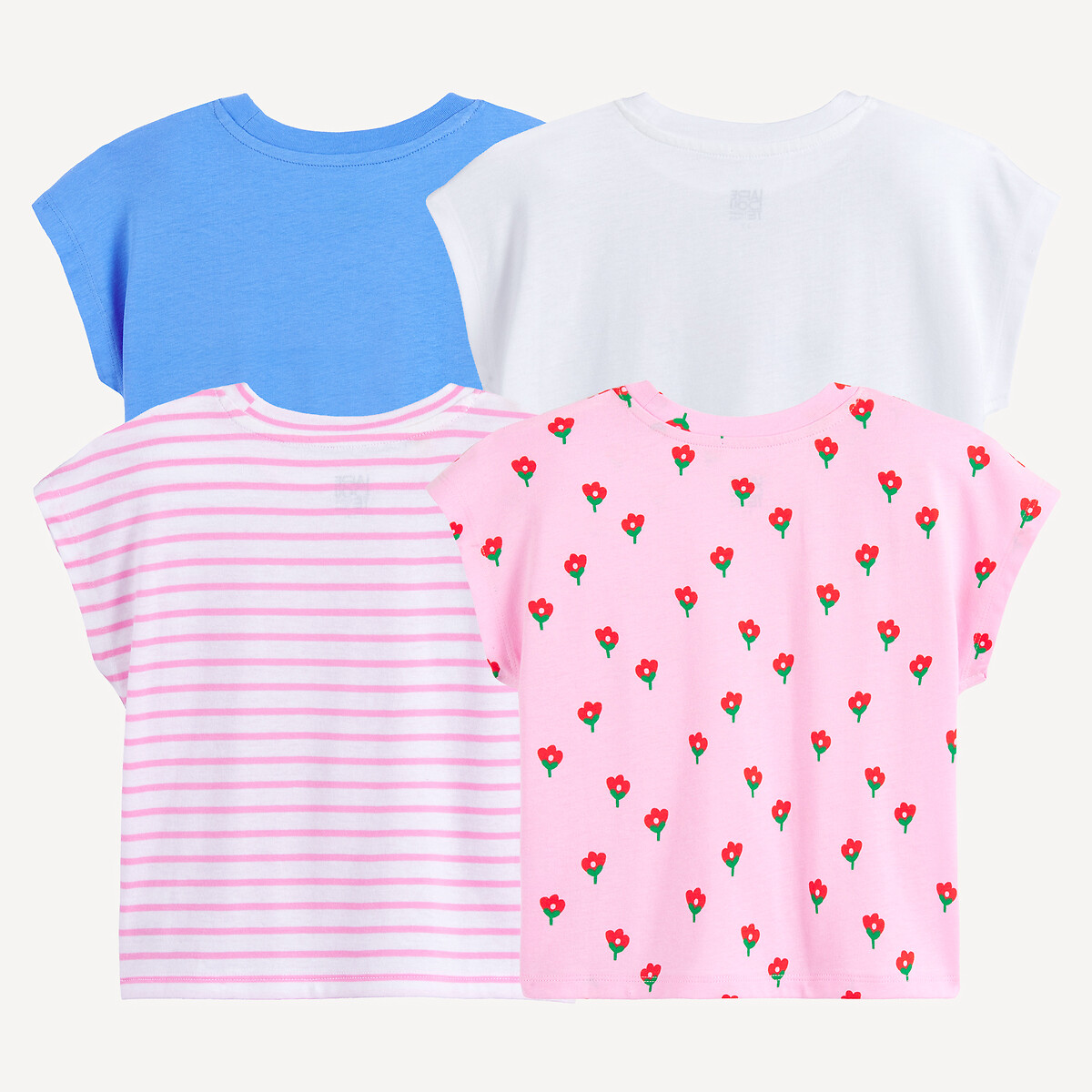 Lot de 4 T-shirts, col rond et manches courtes bleu + blanc + rose imp + rayé, LA REDOUTE COLLECTIONS