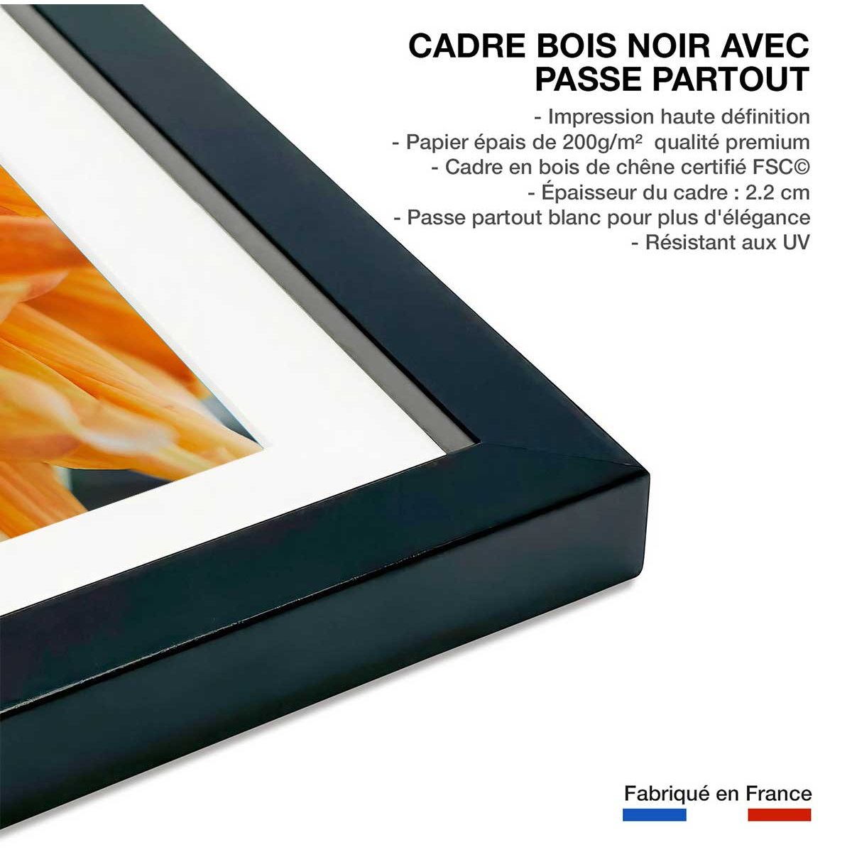 Affiche fleurs coeur de chrysanthème affiche + cadre en bois - noir, HEXOA