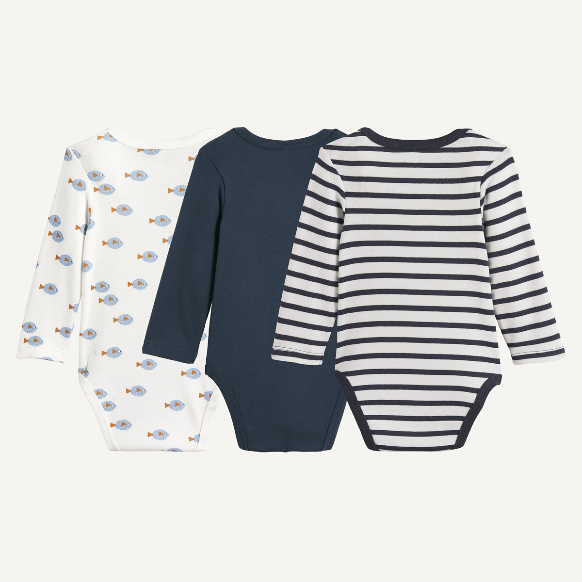 Lot de 3 bodies manches longues, motifs animalier et à rayures ecru + bleu marine + rayé , LA REDOUTE COLLECTIONS