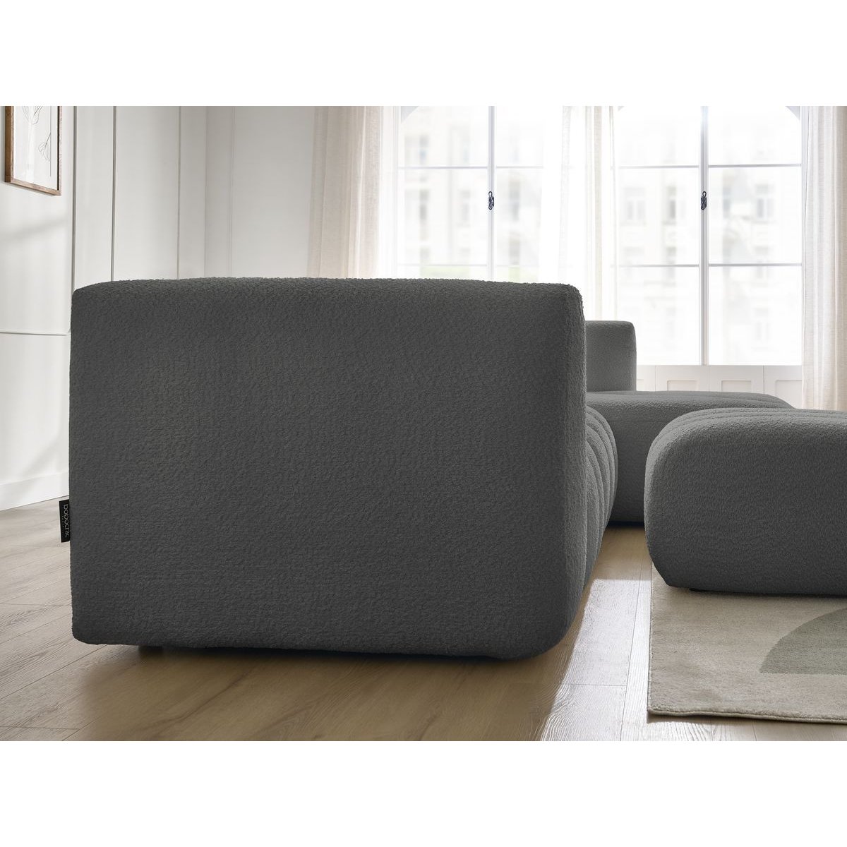 Canapé d'angle fixe 4 places en tissu bouclette avec pouf, TALIA gris foncé, BOBOCHIC