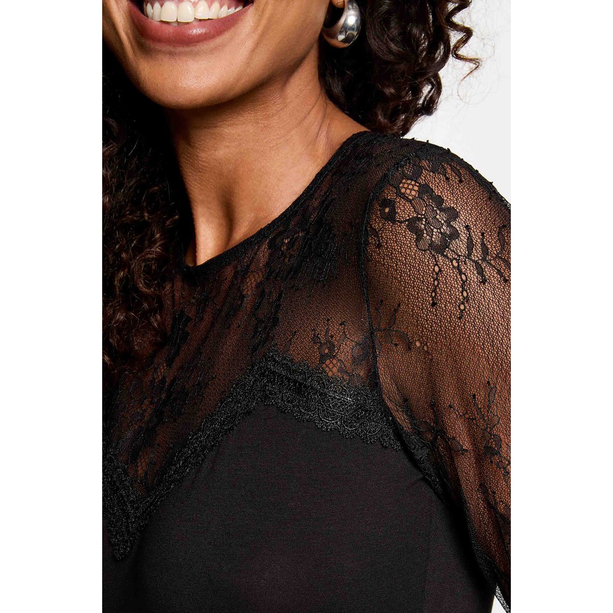 T-shirt dentelle col rond noir, MORGAN