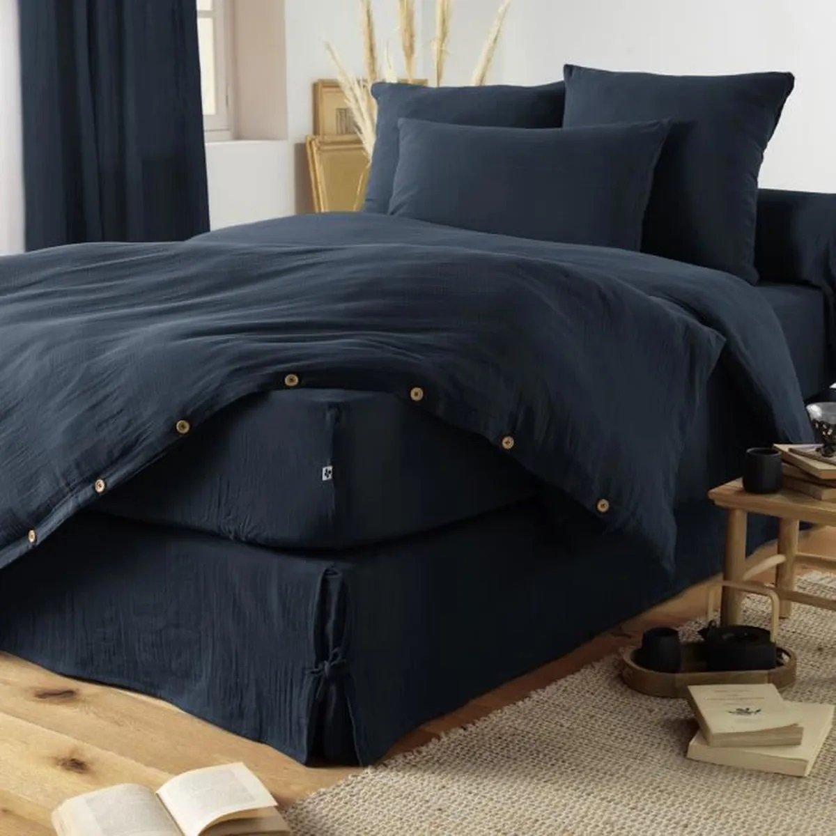 Drap housse gaze de coton 140 x 190 cm Gaia camel bleu marine, EDEN