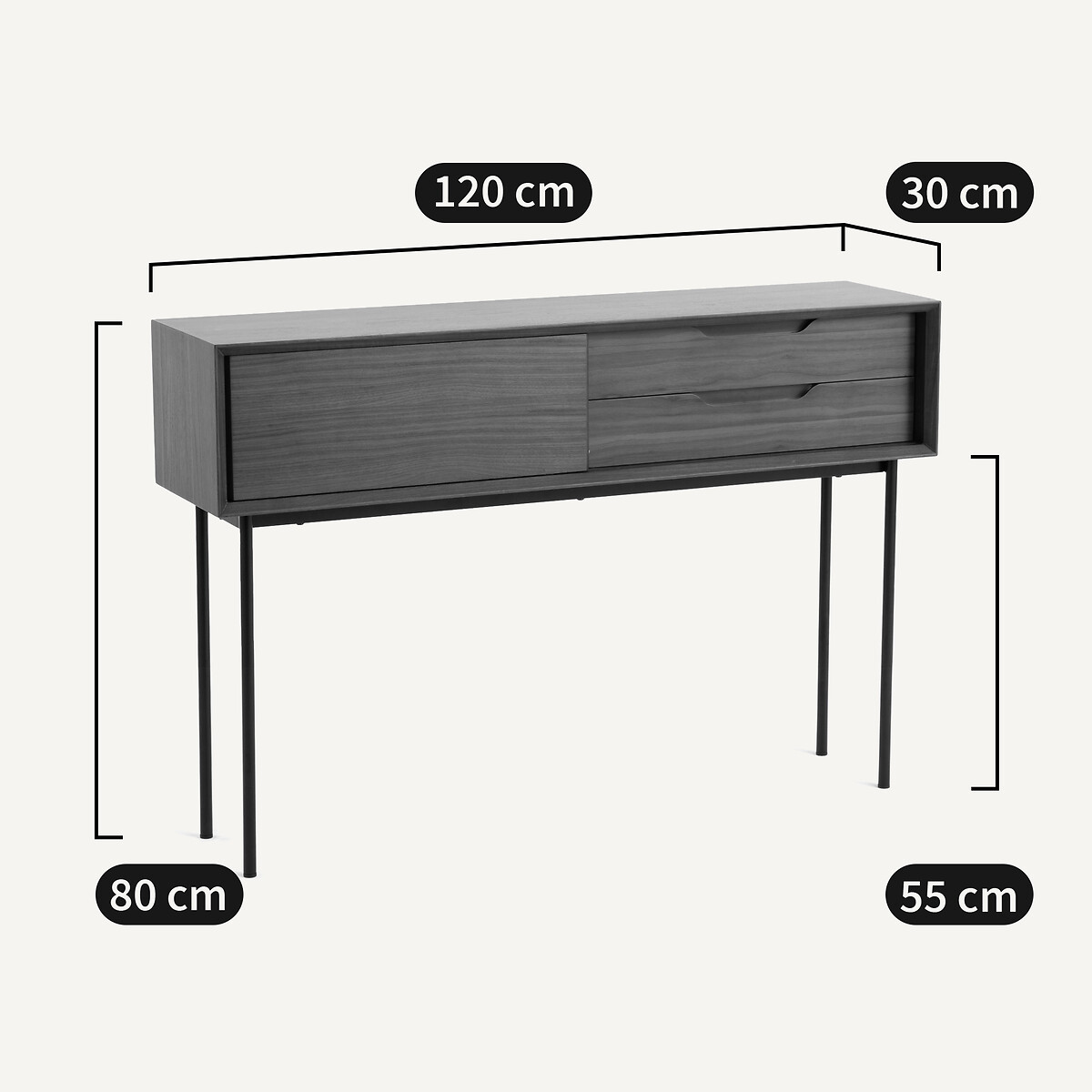 Console 1 porte, 2 tiroirs, en plaqué noyer, NOYETO noir/teinté noyer, LA REDOUTE INTERIEURS