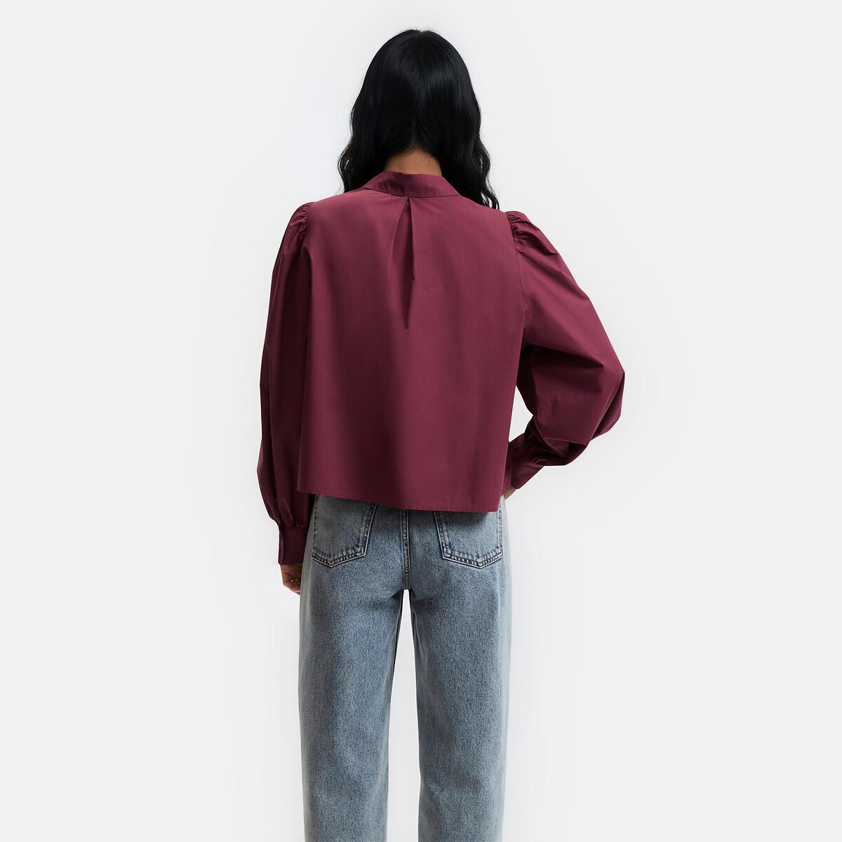 Cotton Loose Fit Puff Sleeve Shirt burgundy red, LA REDOUTE COLLECTIONS