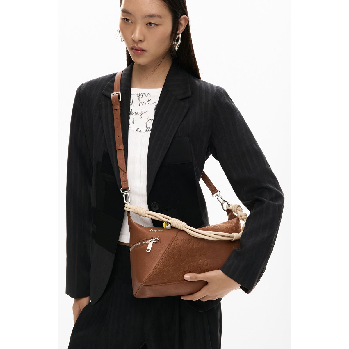Sac moyen brodé marron, DESIGUAL