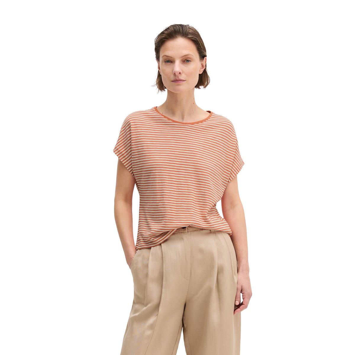 T-shirt rayé régulier en jersey simple de coton orange, MARC O'POLO
