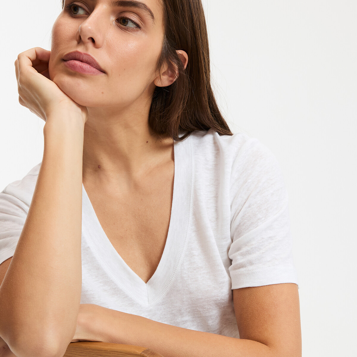 T-shirt en lin, col V, manches courtes blanc, LA REDOUTE COLLECTIONS