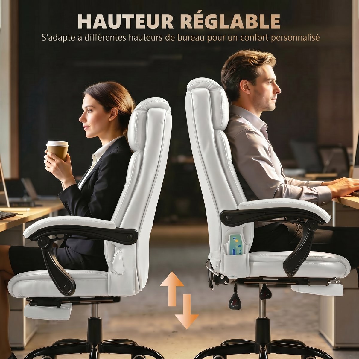 Fauteuil de bureau avec fonction massage blanc, HOMCOM