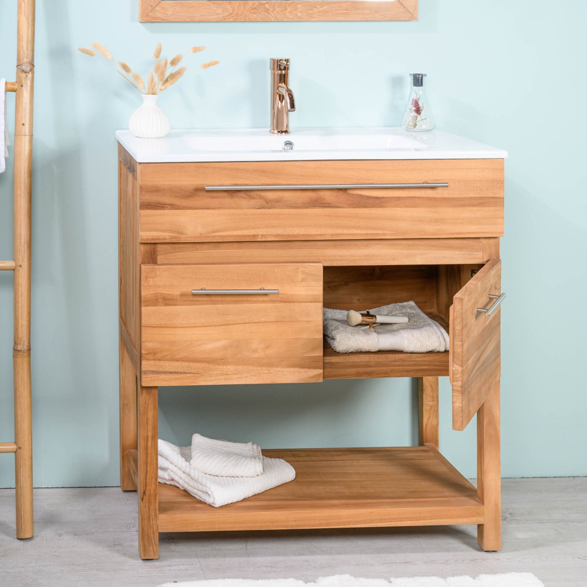 Meuble salle de bain en teck et céramique Bagster 80 cm crème, WANDA COLLECTION