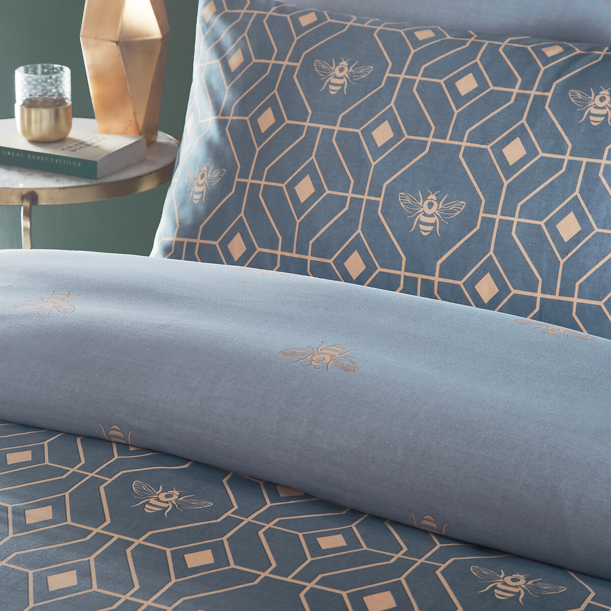 Bee Deco Geometric Cotton Mix Duvet Cover and Pillowcase Set blue, FURN.