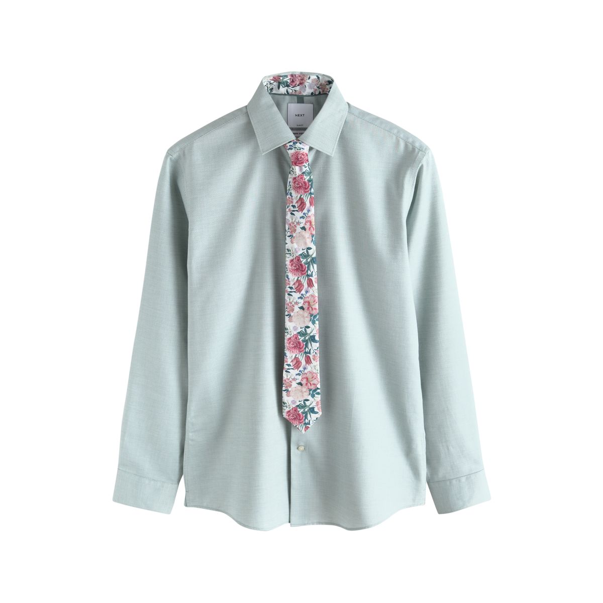 Chemise coton, cravate et pochette vert d'eau/rose floral, NEXT