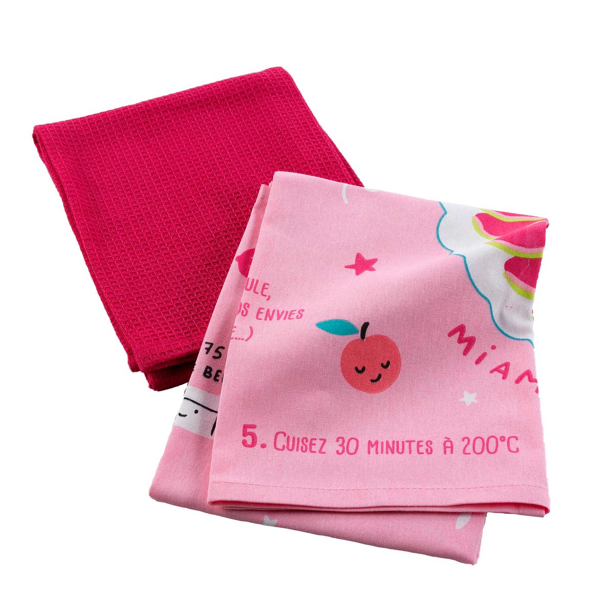 2 Serviettes torchons recette 50 x 70 cm rose rose, EDEN