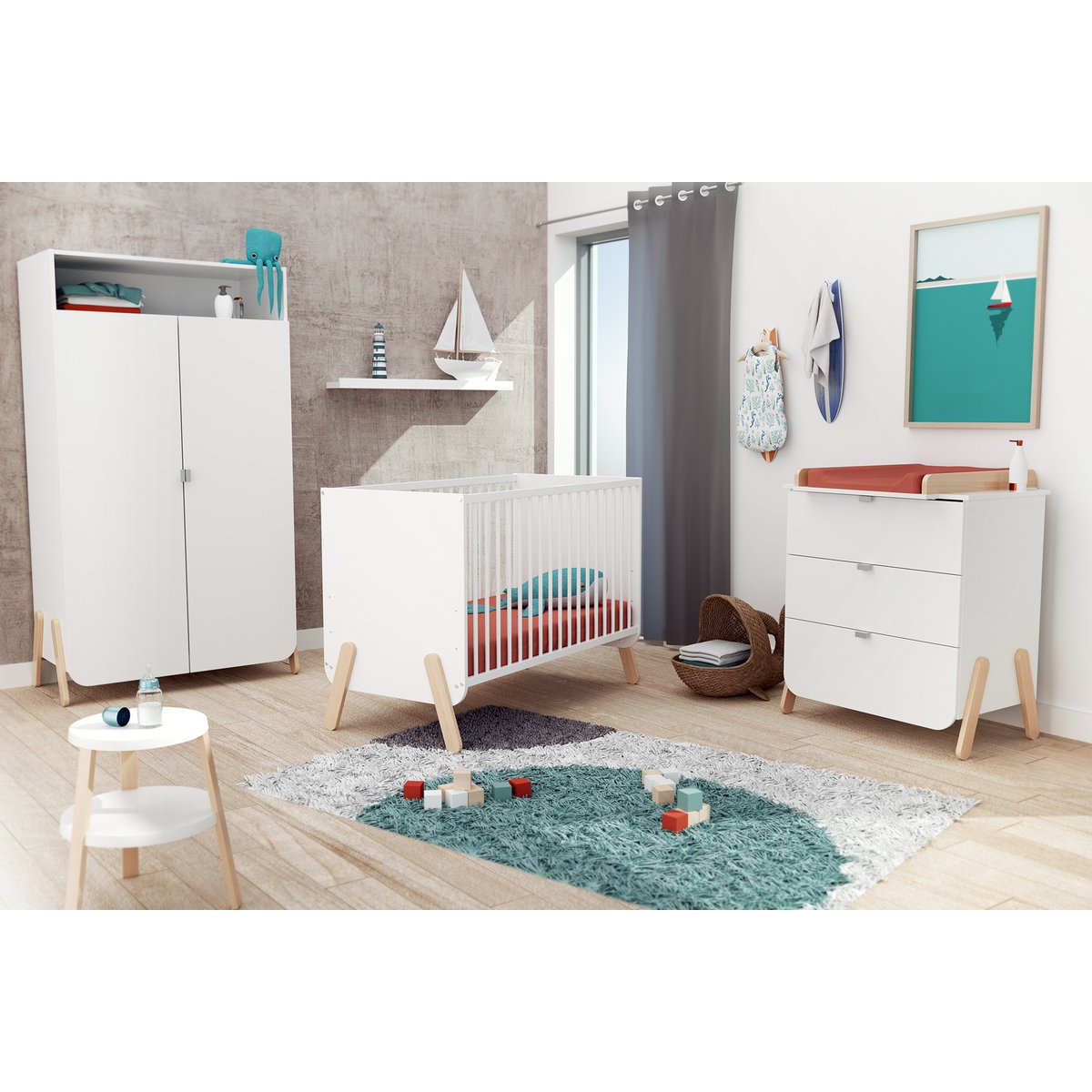 Chambre enfant 3 tiroirs en bois PIRATE blanc et hêtre verni, WEBABY