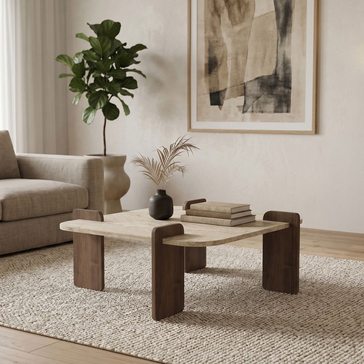 Table basse en bois et effet travertin 90x90cm- SOLENI beige, DRAWER