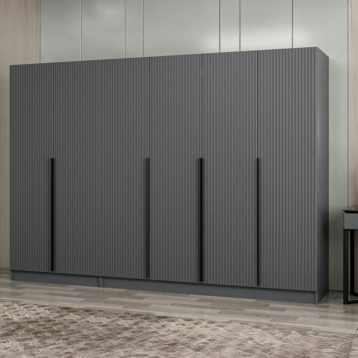 Dressing 6 portes grises rainurées 3 penderies BYRON anthracite, PIER IMPORT