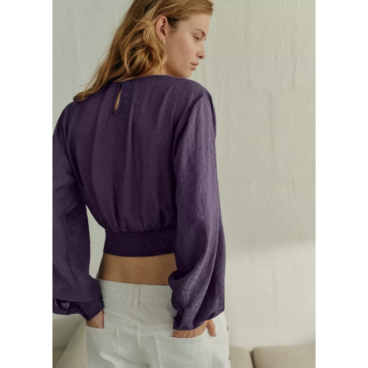 Blouse crop avec détail smocké nid d’abeille lilas, MANGO TEEN