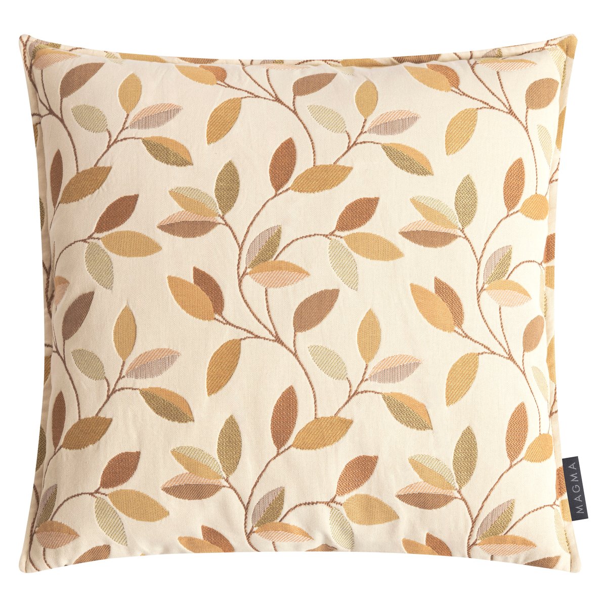 Housse de coussin jacquard motif feuillage AVENIA tons de cuivre sur fond beige, MAGMA HEIMTEX
