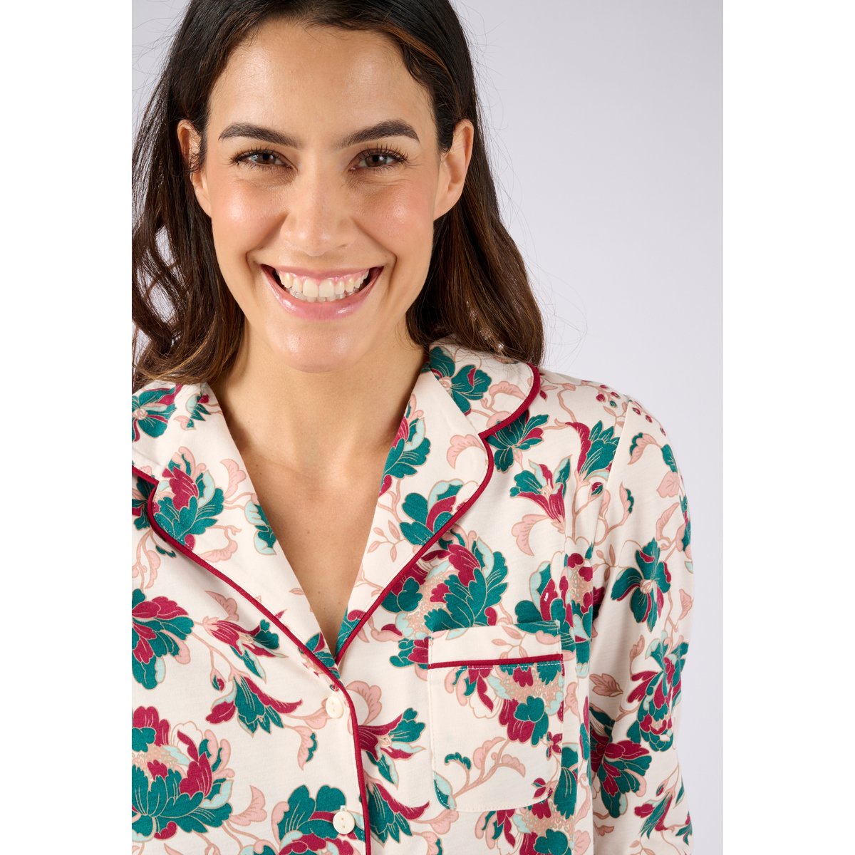 Pyjama boutonné Thermolactyl marron beige fleuri, DAMART