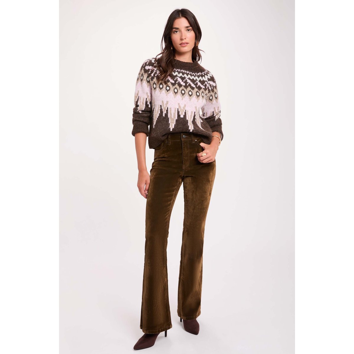 Pull jacquard col rond marron foncé, MORGAN