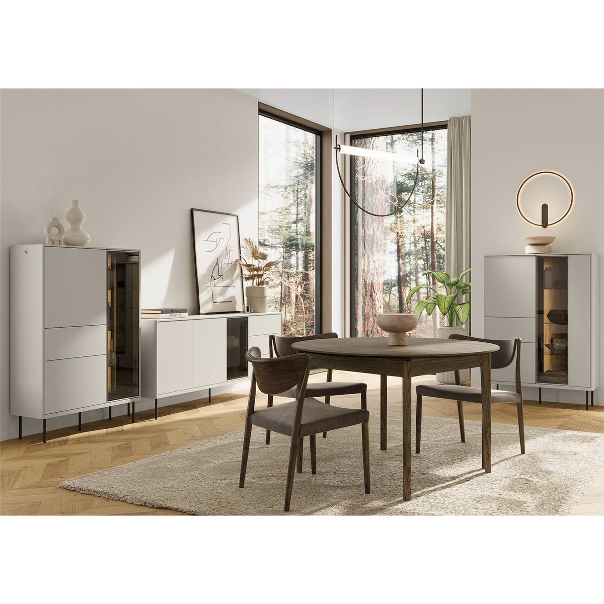 Vitrine haute EPIRO avec éclairage LED beige grisé et chêne foncé, RECOLLECTION