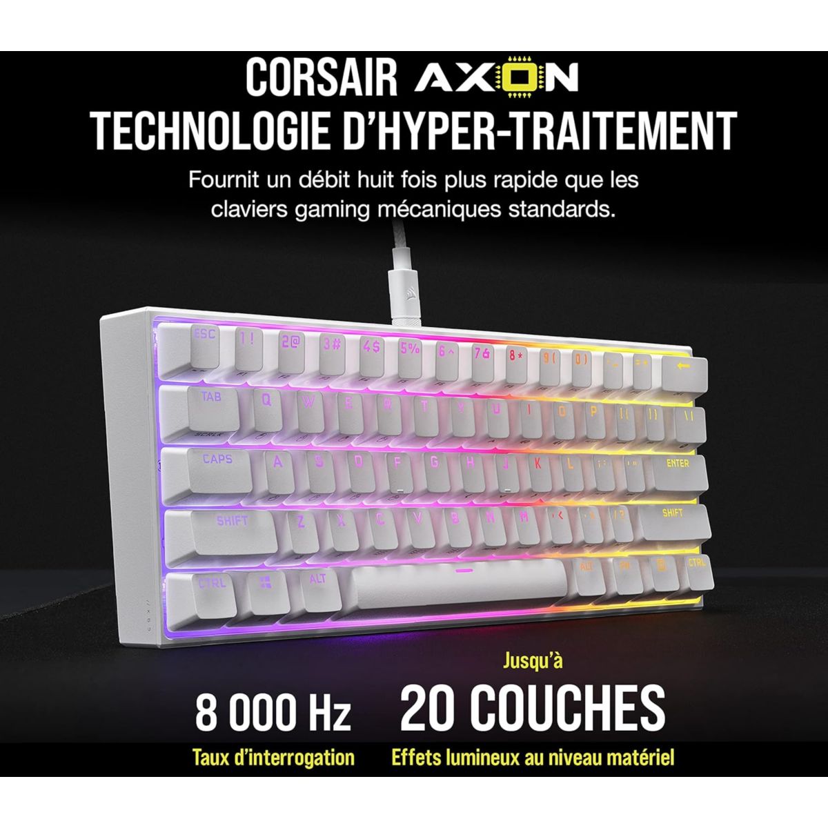 Clavier gamer K65 RGB MINI CHERRY MX Red Blanc couleur unique, CORSAIR