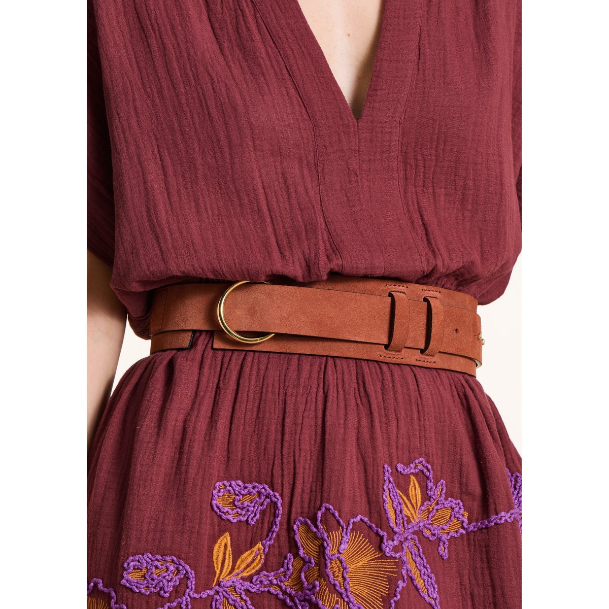 Ceinture large en cuir avec surjet marron, LA FEE MARABOUTEE