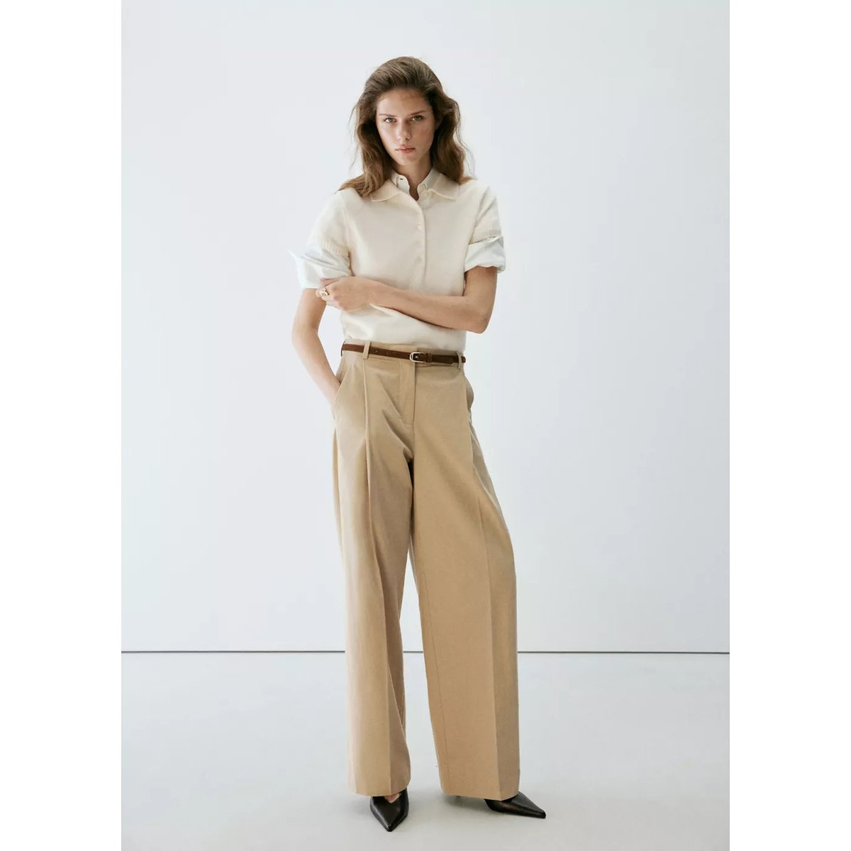 Pull-over maille col polo écru, MANGO