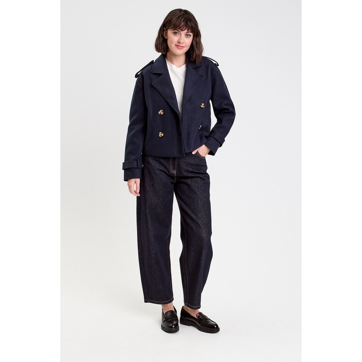 Trench court boutonné bleu marine, CACHE CACHE