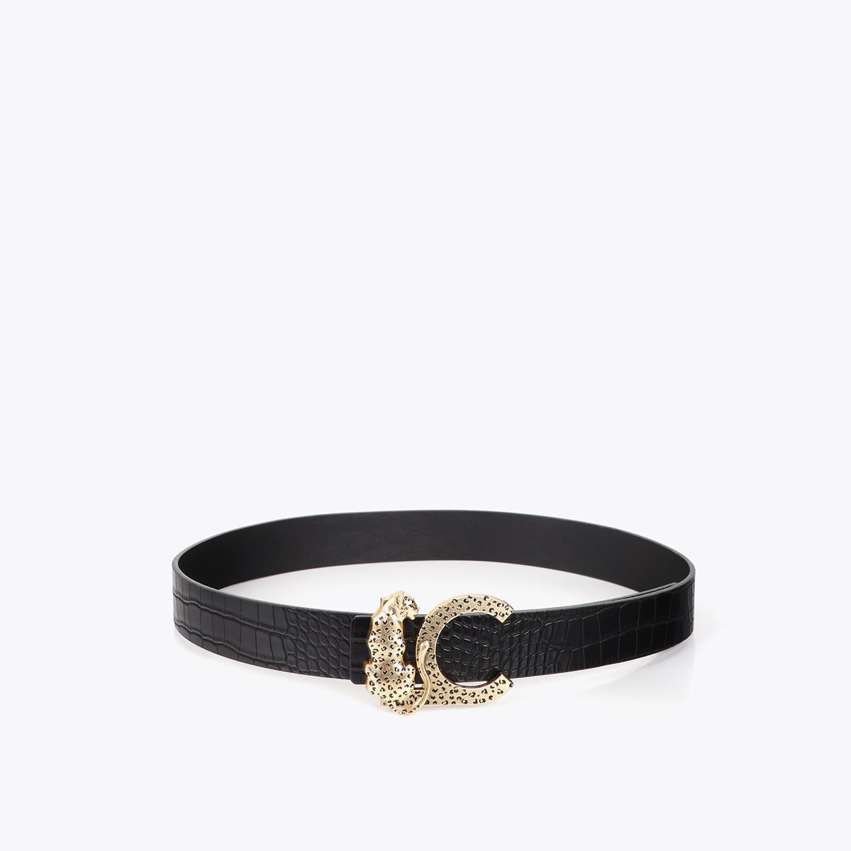 Ceinture effet croco à boucle félin noir, LOLA CASADEMUNT
