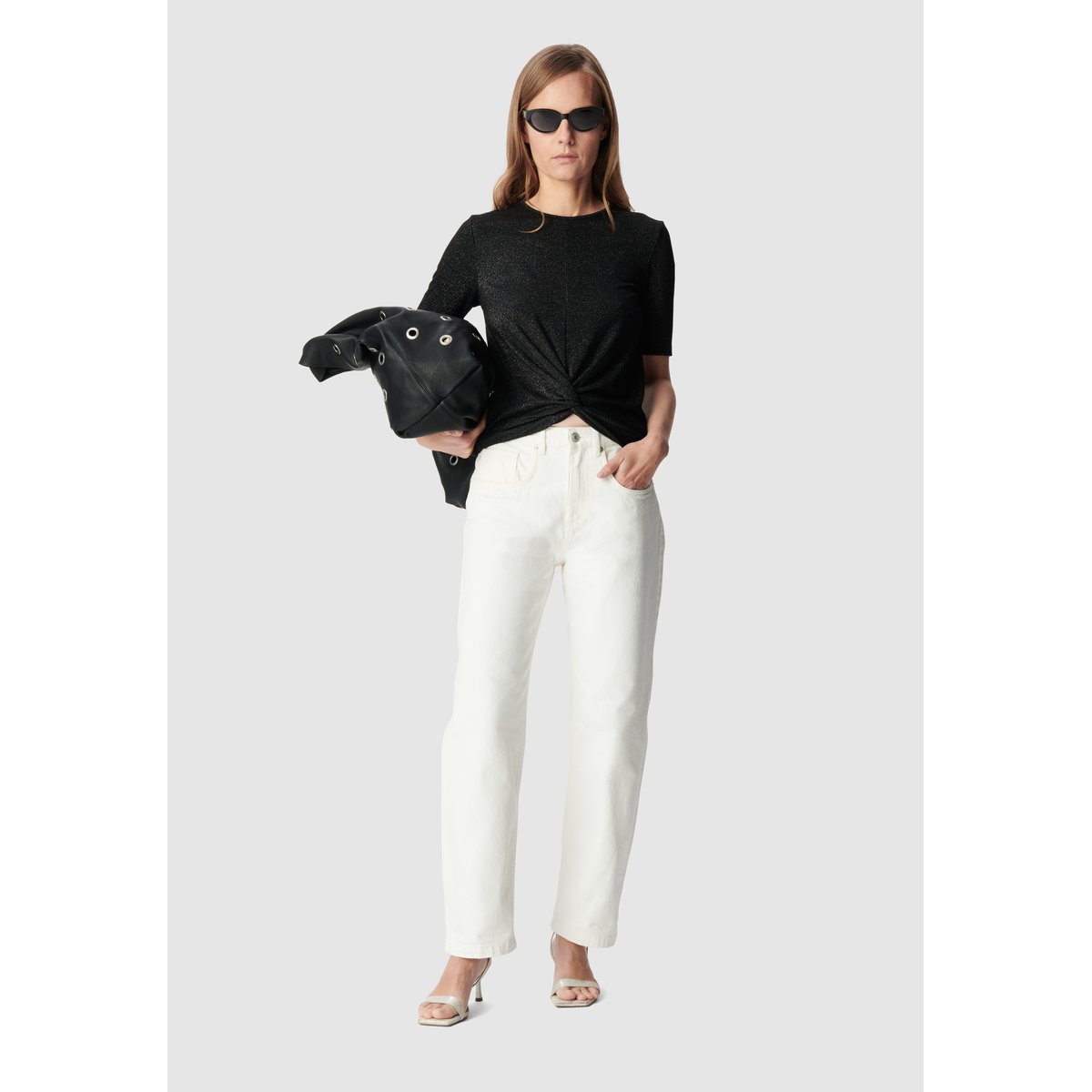Tee-shirt pailleté drapé avec noeud noir, IKKS