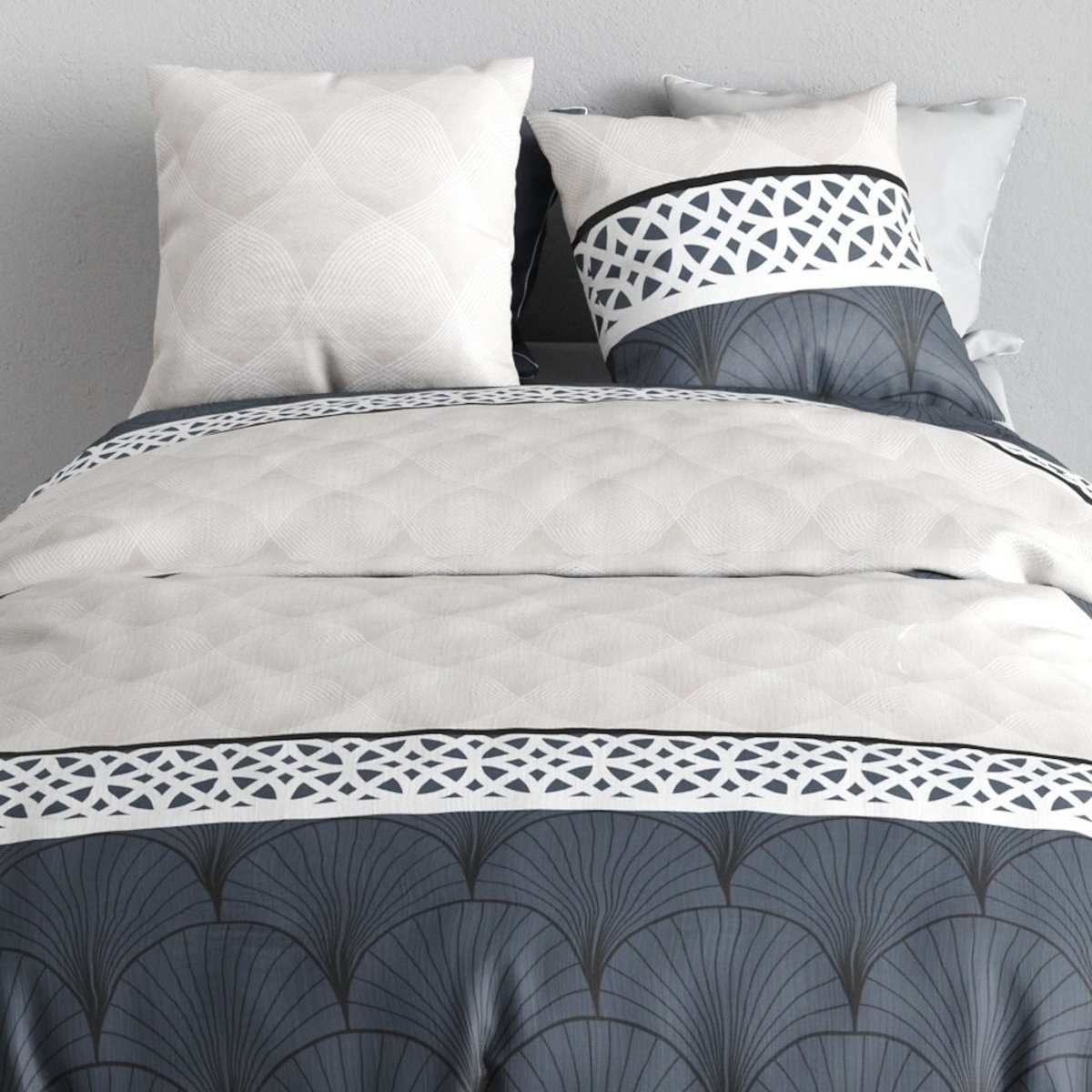 Housse de couette 100% coton 57 fils + 2 taies d’oreiller gris, DECORATIE