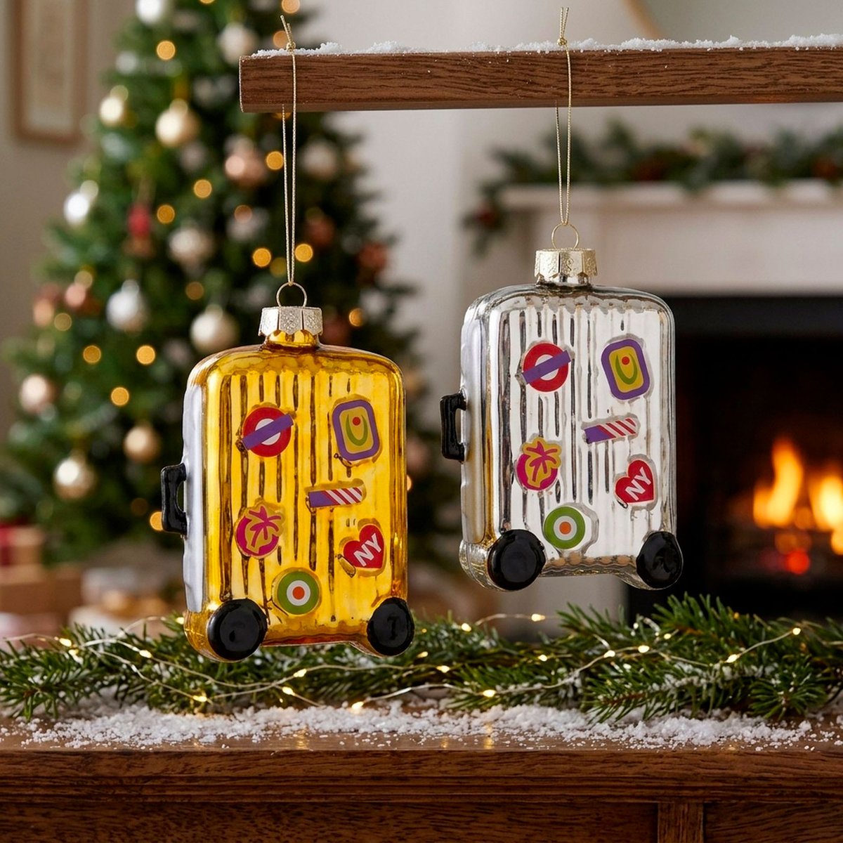 Set de 2 boules de Noël valises de voyage en verre laqué 8x4x12.5cm doré, WADIGA